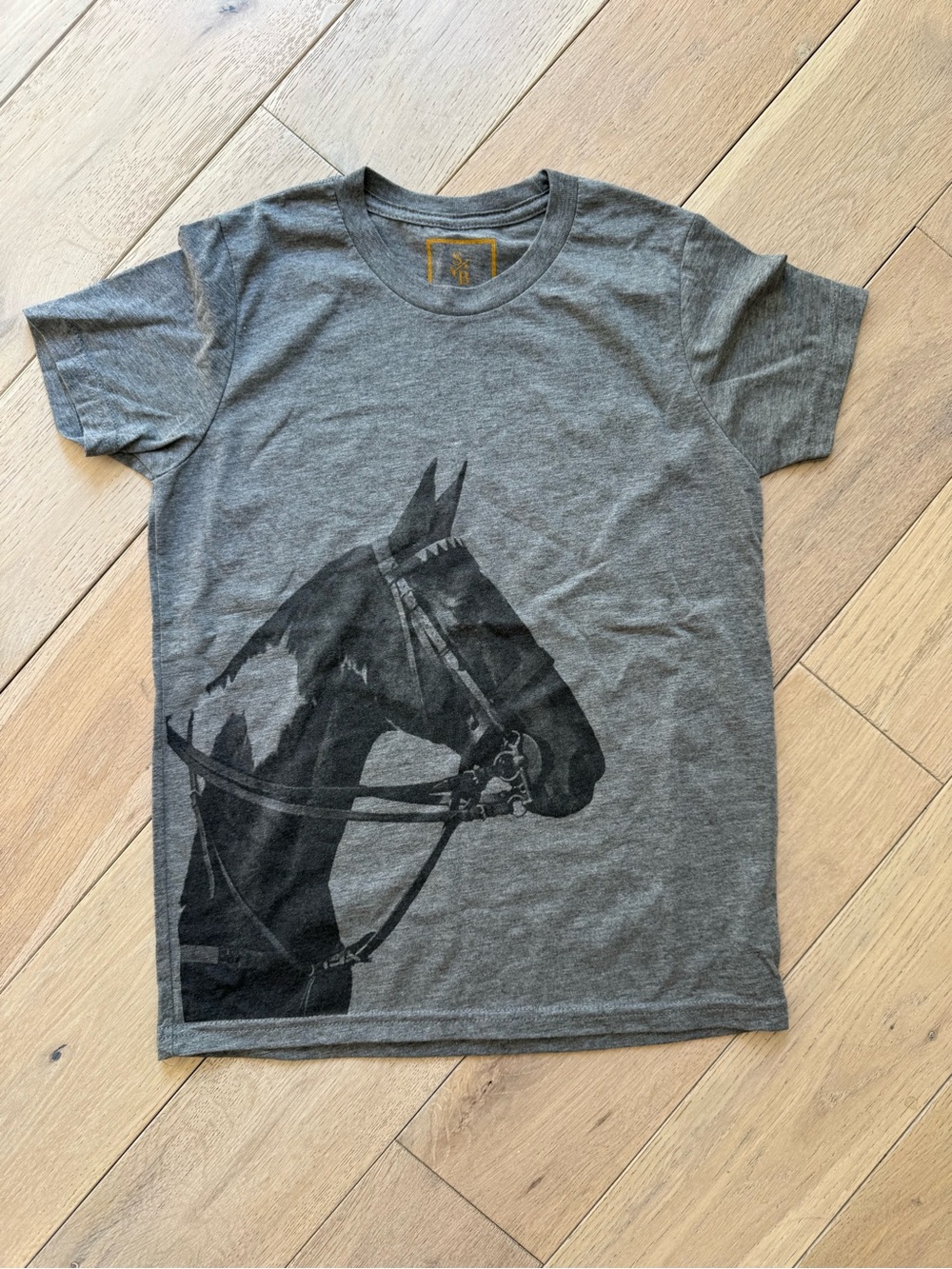Crew Neck Gray Short Sleeve Tee with Black Horse Graphic